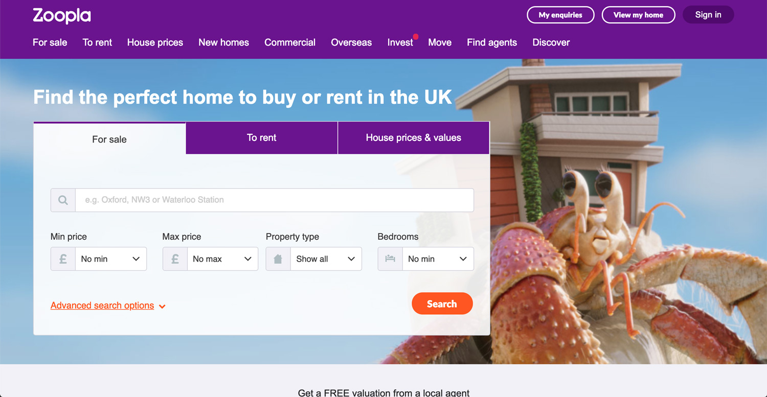 Captura de pantalla de Zoopla, marzo de 2019, web de alquiler en Inglaterra.